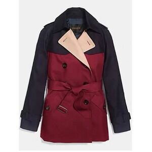 Coach Womens Colorblock Trench Coat Navy Burgundy Red Tan $450 Belted Jacket XS